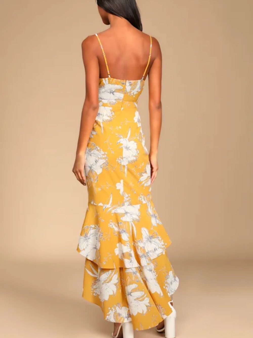 LIKE NEW Lulu's Mustard Yellow Floral High-Low Dress - Picture 4 of 8